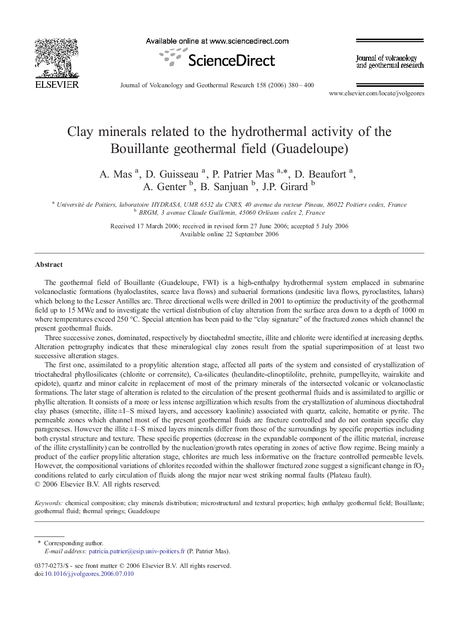 Clay minerals related to the hydrothermal activity of the Bouillante geothermal field (Guadeloupe)