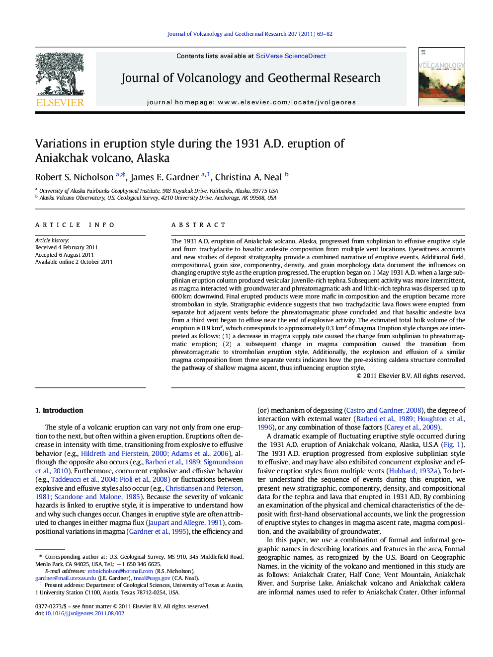 Variations in eruption style during the 1931 A.D. eruption of Aniakchak volcano, Alaska