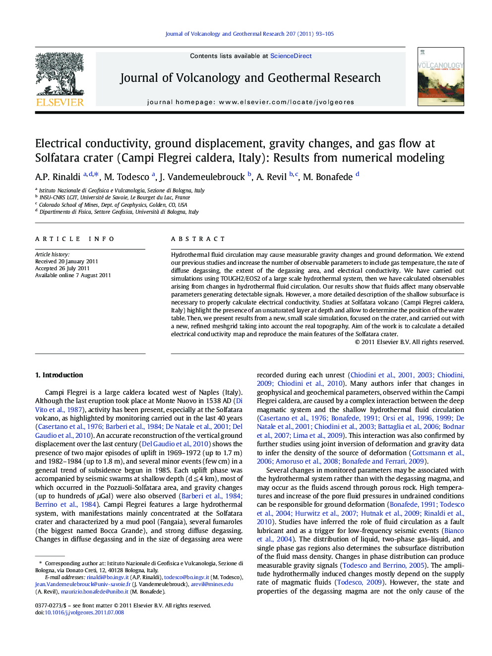 Electrical conductivity, ground displacement, gravity changes, and gas flow at Solfatara crater (Campi Flegrei caldera, Italy): Results from numerical modeling