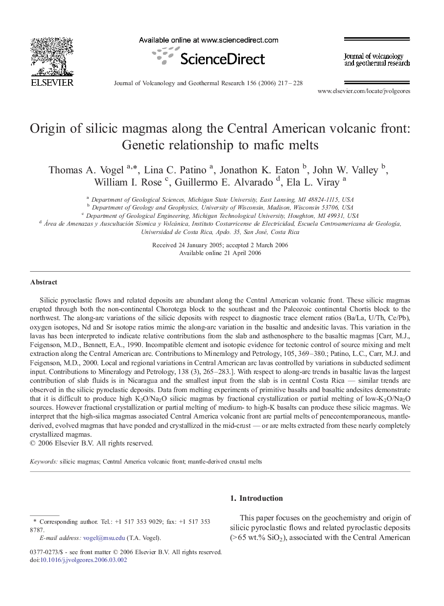 Origin of silicic magmas along the Central American volcanic front: Genetic relationship to mafic melts