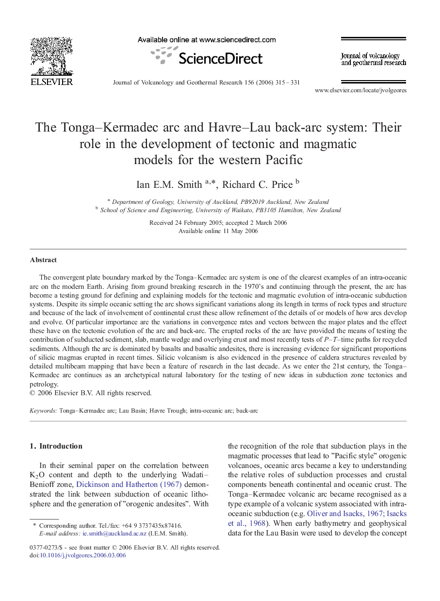 The Tonga–Kermadec arc and Havre–Lau back-arc system: Their role in the development of tectonic and magmatic models for the western Pacific