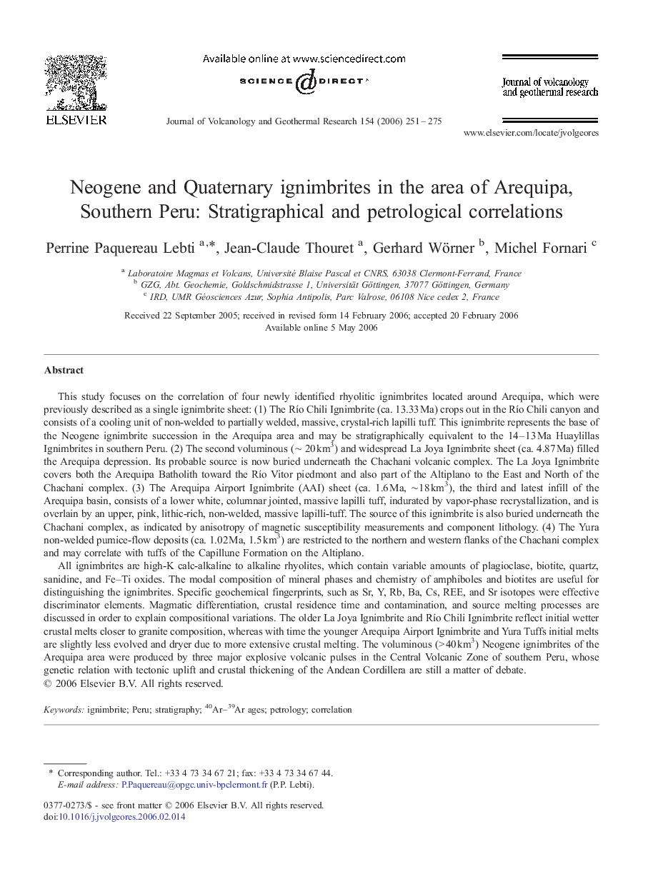Neogene and Quaternary ignimbrites in the area of Arequipa, Southern Peru: Stratigraphical and petrological correlations