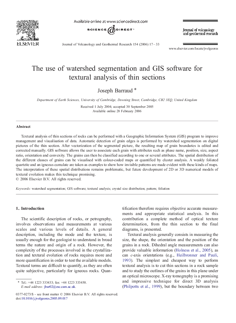 The use of watershed segmentation and GIS software for textural analysis of thin sections