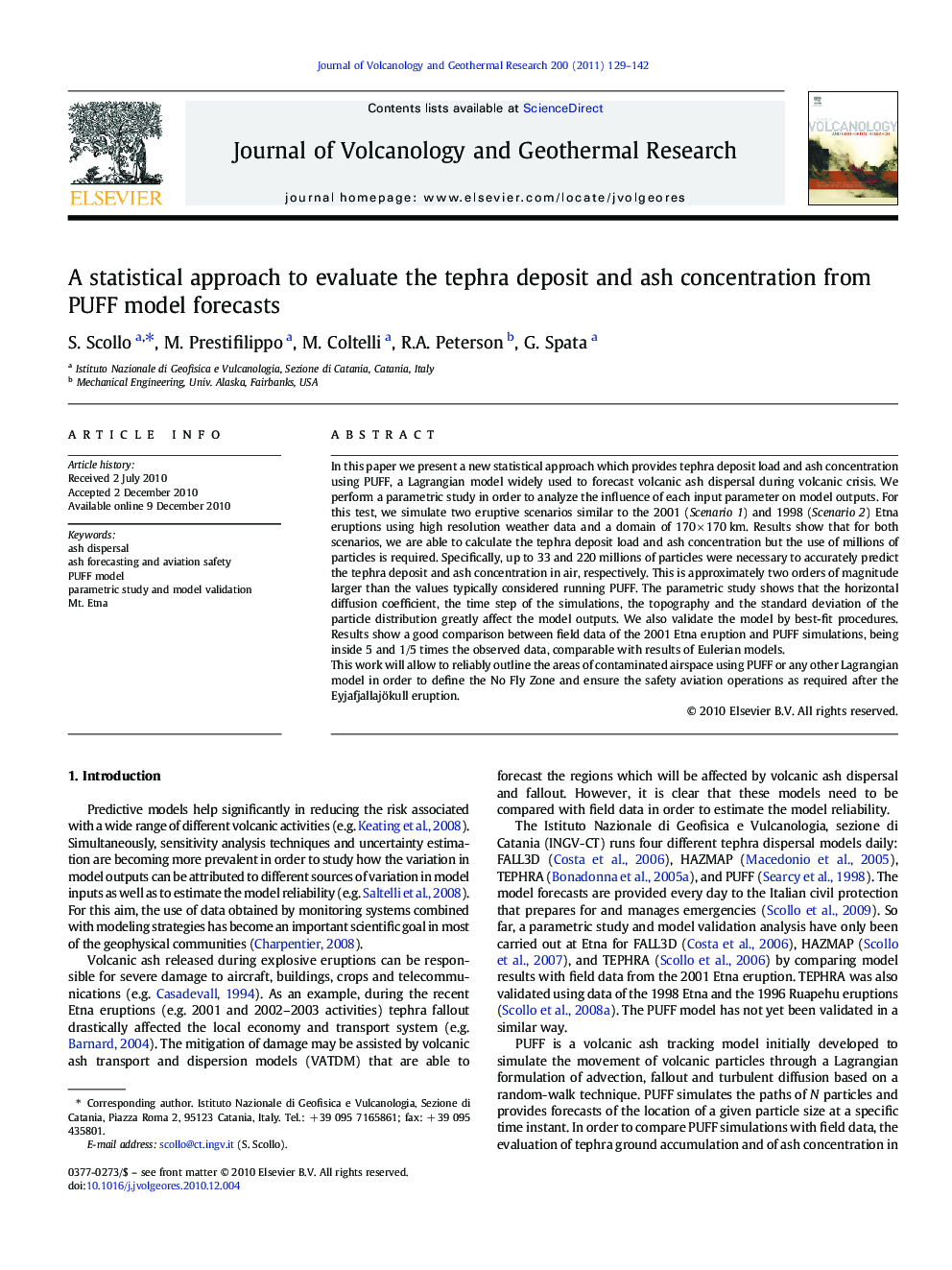 A statistical approach to evaluate the tephra deposit and ash concentration from PUFF model forecasts