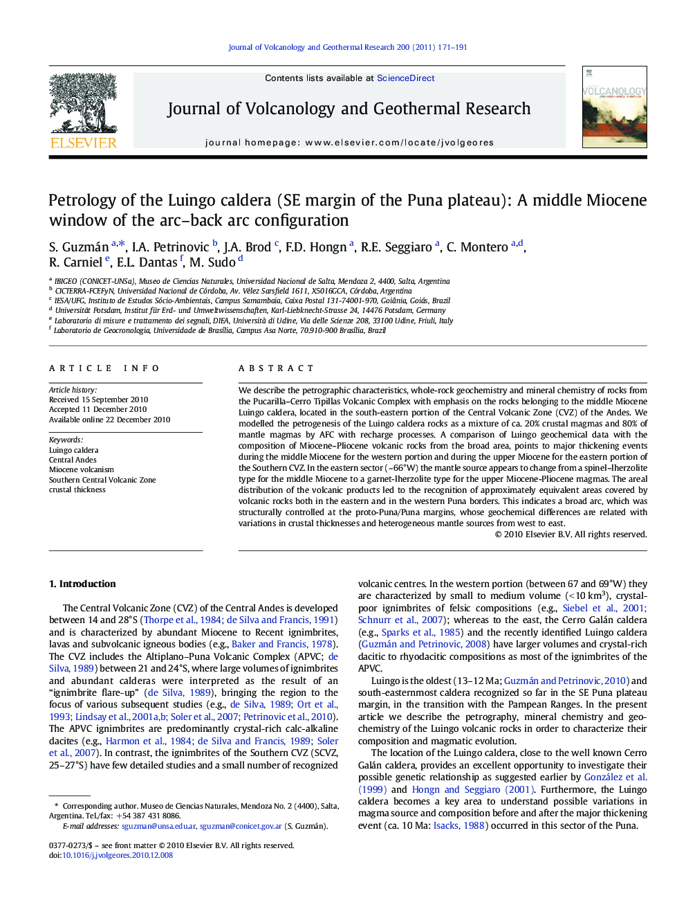 Petrology of the Luingo caldera (SE margin of the Puna plateau): A middle Miocene window of the arc-back arc configuration