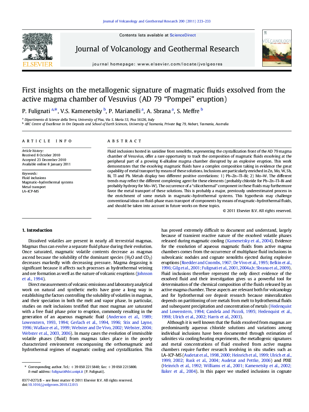 First insights on the metallogenic signature of magmatic fluids exsolved from the active magma chamber of Vesuvius (AD 79 “Pompei” eruption)