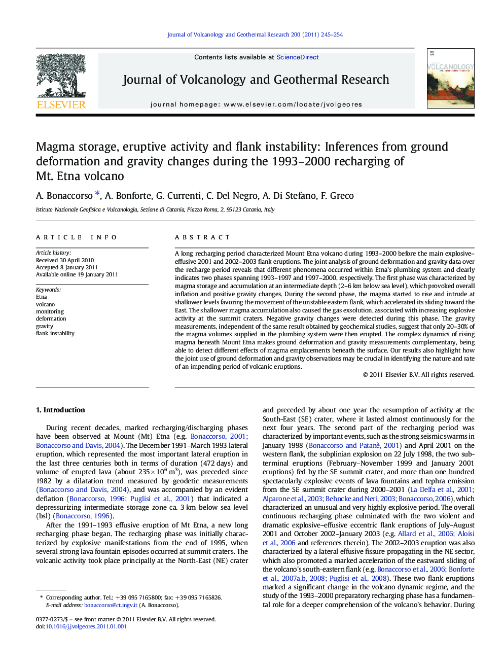 عکس صفحه اول مقاله: Magma storage, eruptive activity and flank instability: Inferences from ground deformation and gravity changes during the 1993–2000 recharging of Mt. Etna volcano Magma storage, eruptive activity and flank instability: Inferences from ground deformation and gravity changes during the 1993–2000 recharging of Mt. Etna volcano