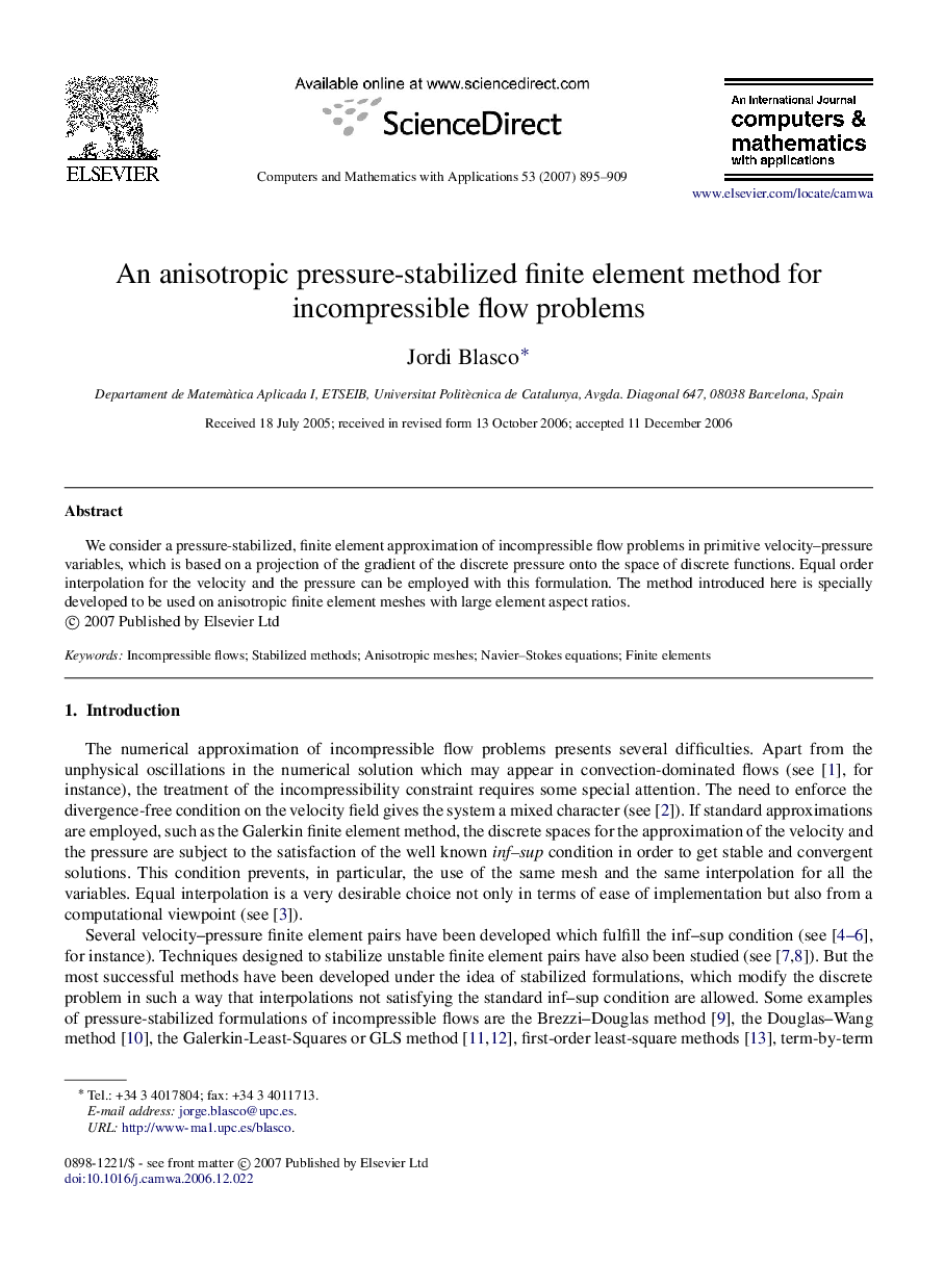 An anisotropic pressure-stabilized finite element method for incompressible flow problems