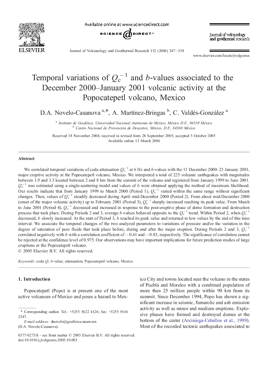 Temporal variations of Qc− 1 and b-values associated to the December 2000–January 2001 volcanic activity at the Popocatepetl volcano, Mexico