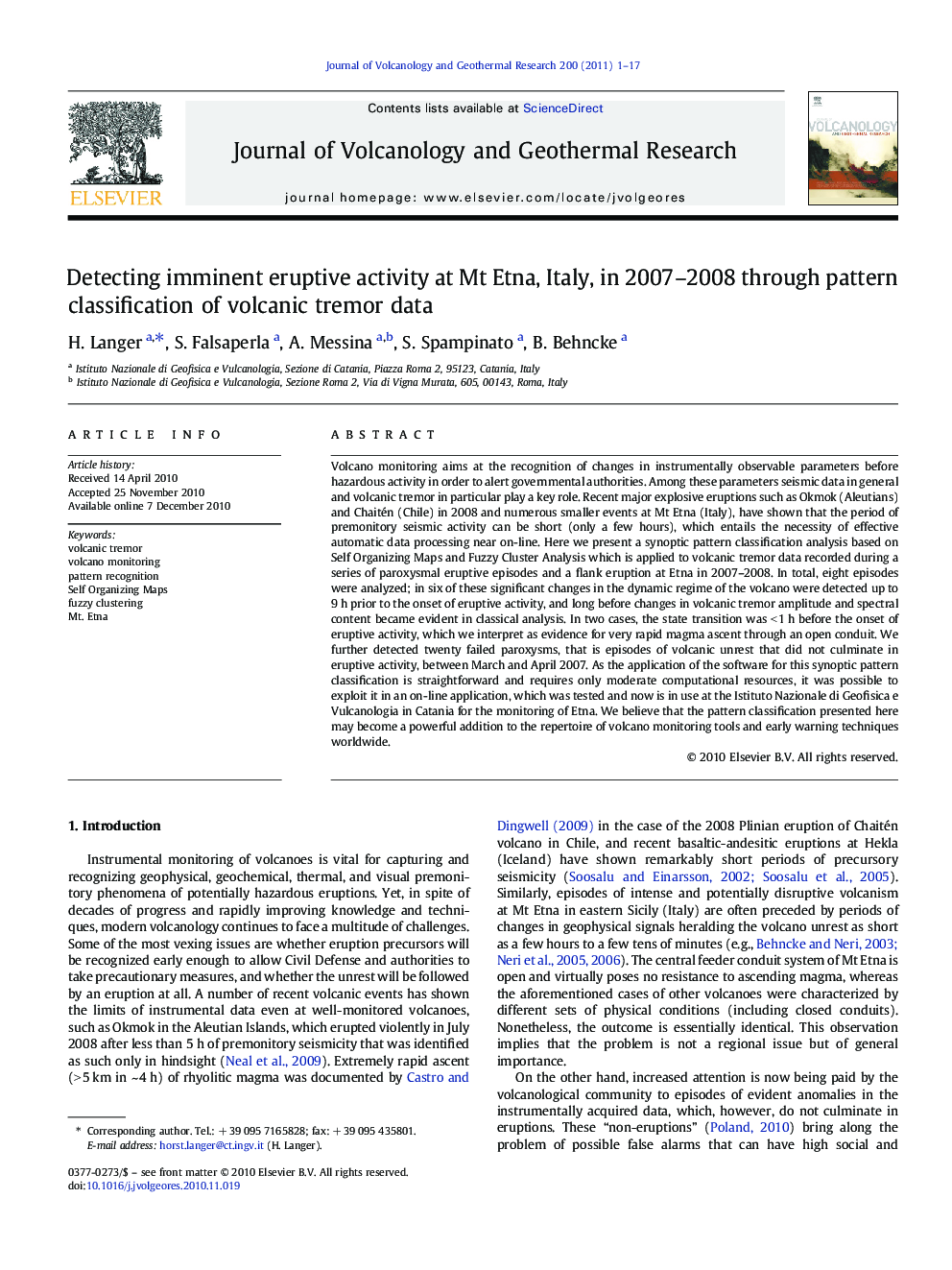 Detecting imminent eruptive activity at Mt Etna, Italy, in 2007–2008 through pattern classification of volcanic tremor data