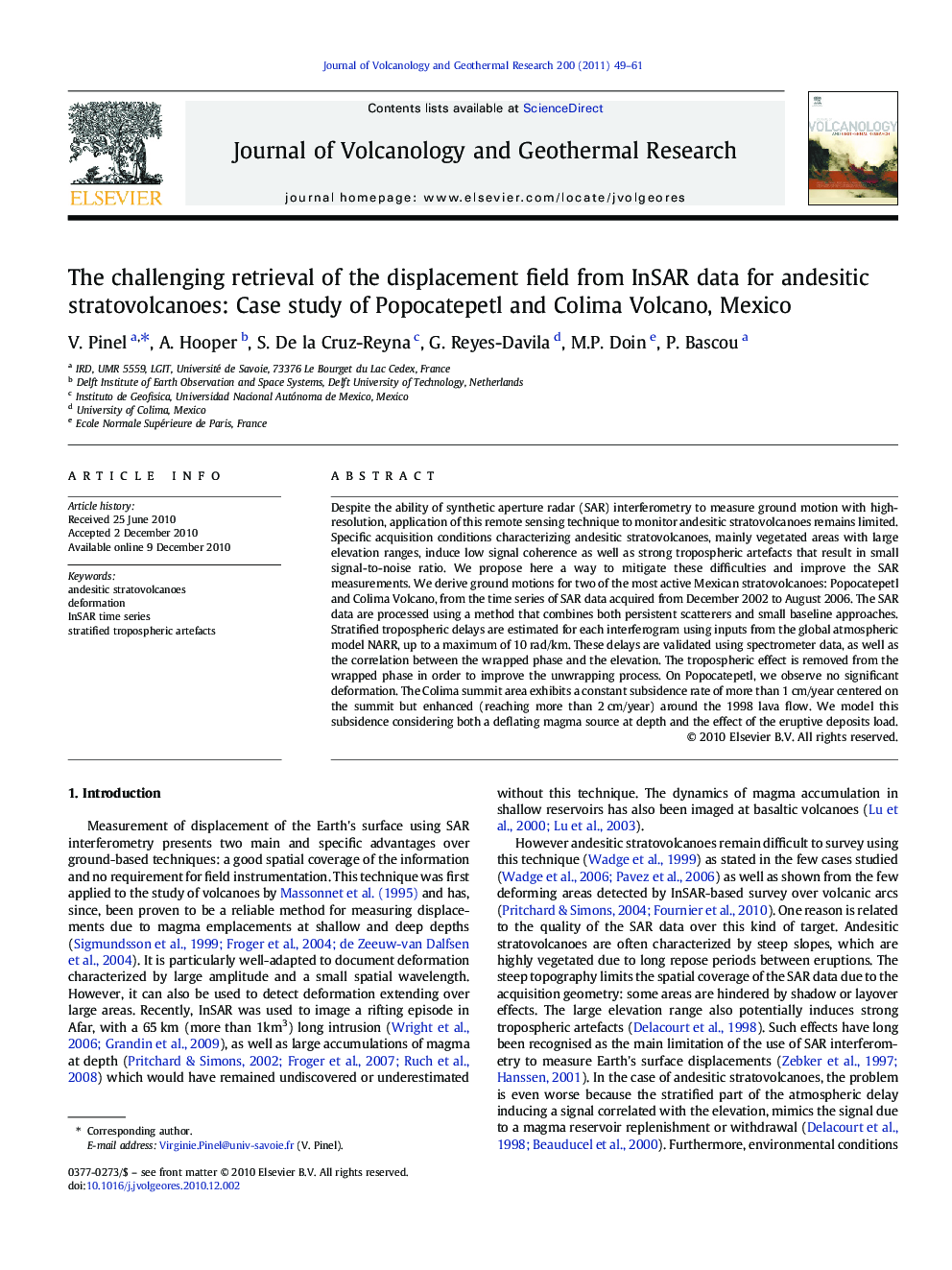 The challenging retrieval of the displacement field from InSAR data for andesitic stratovolcanoes: Case study of Popocatepetl and Colima Volcano, Mexico