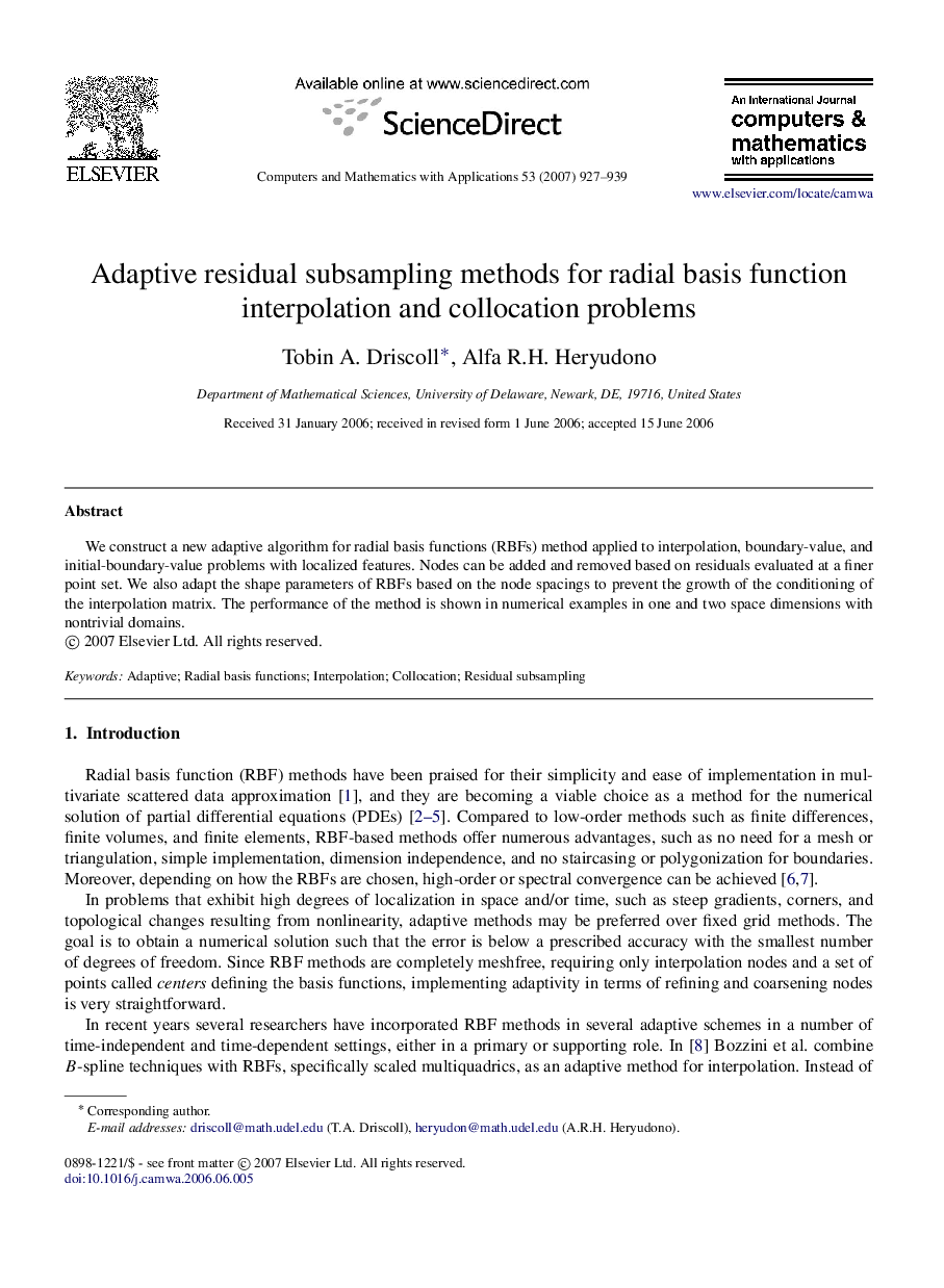 Adaptive residual subsampling methods for radial basis function interpolation and collocation problems