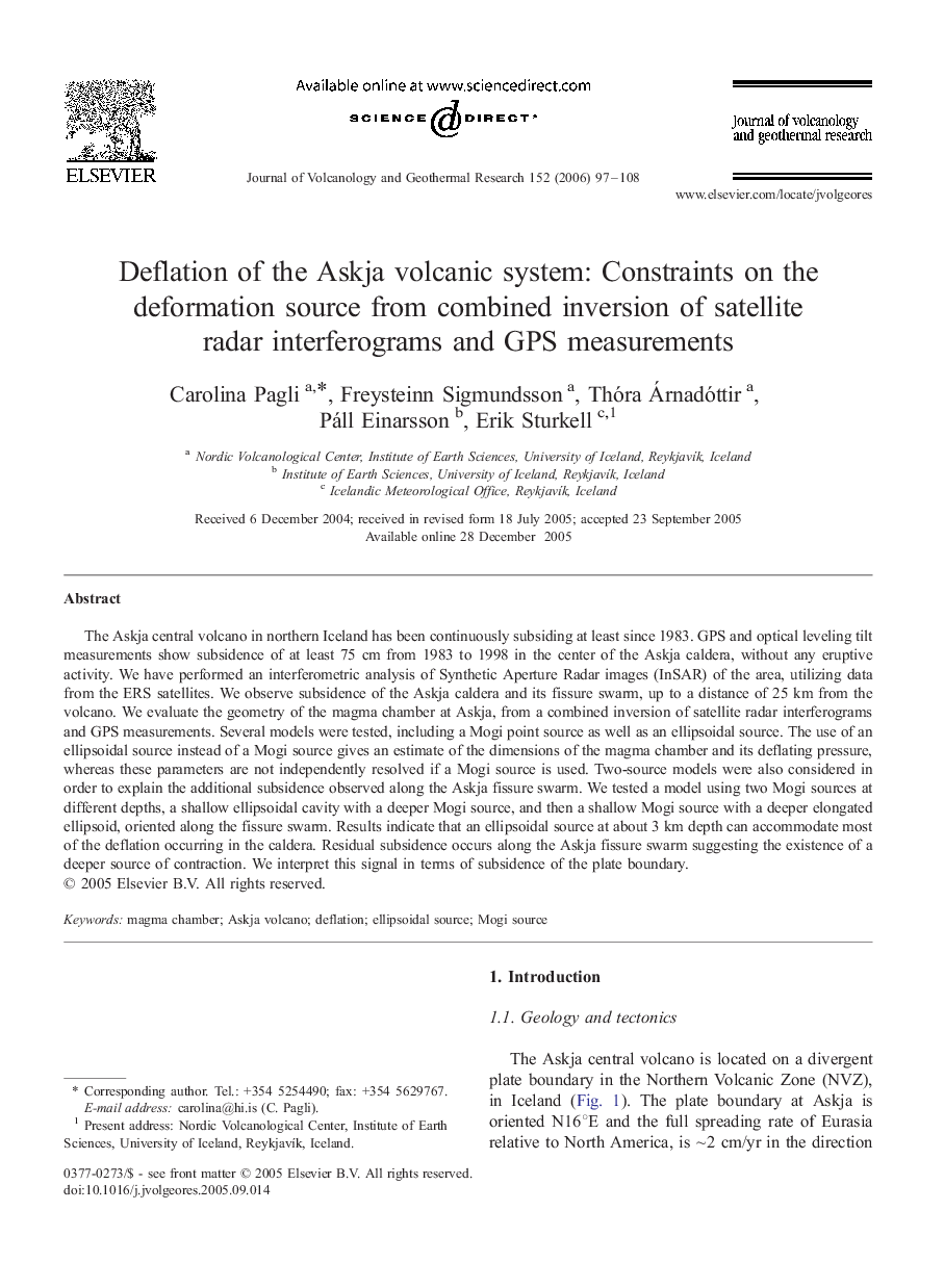 Deflation of the Askja volcanic system: Constraints on the deformation source from combined inversion of satellite radar interferograms and GPS measurements