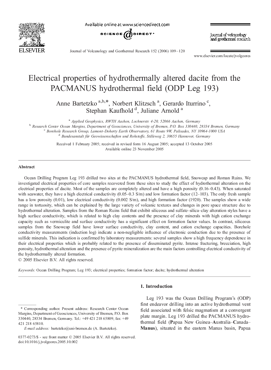 Electrical properties of hydrothermally altered dacite from the PACMANUS hydrothermal field (ODP Leg 193)