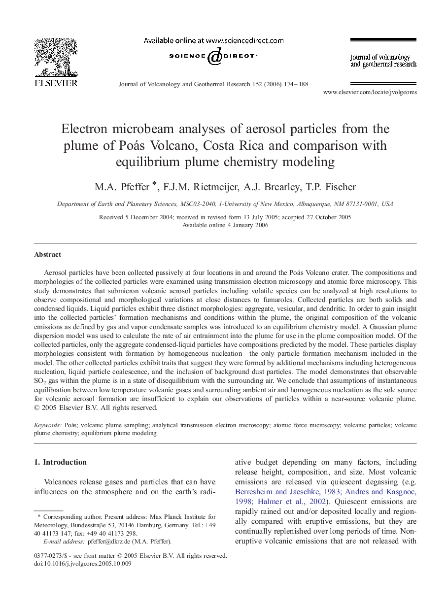 Electron microbeam analyses of aerosol particles from the plume of Poás Volcano, Costa Rica and comparison with equilibrium plume chemistry modeling