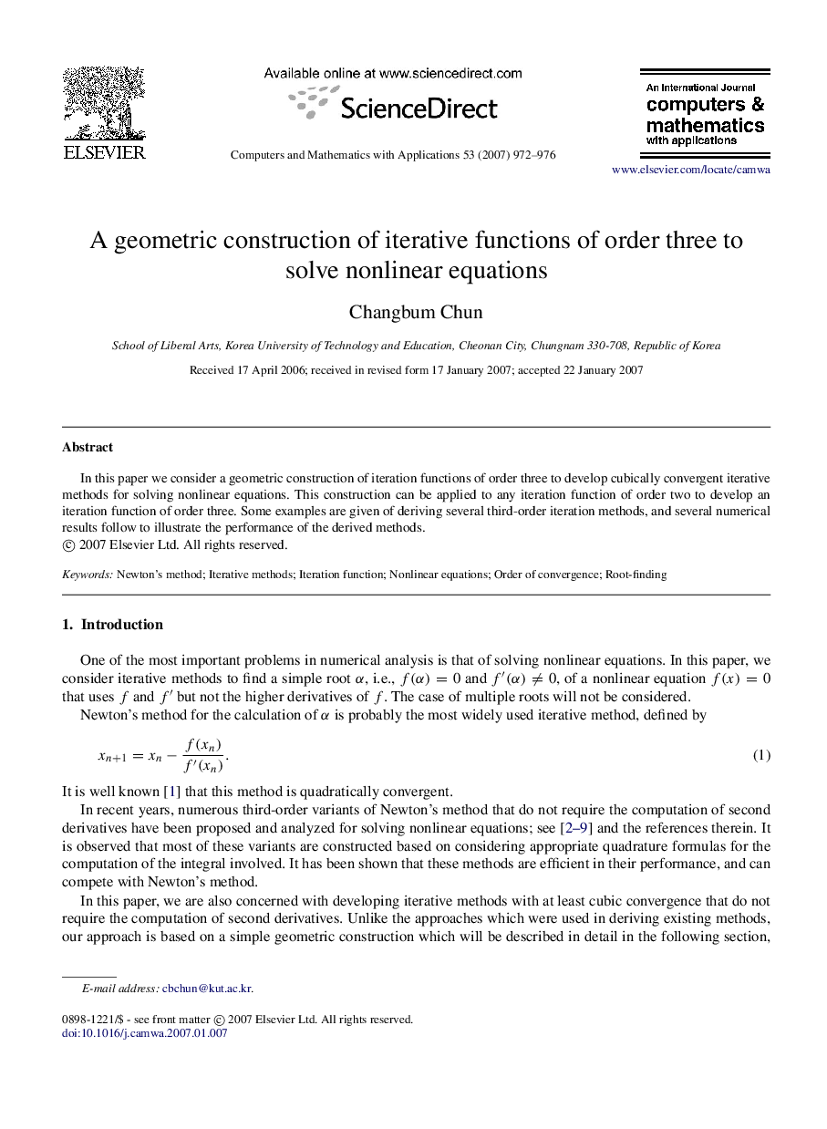 A geometric construction of iterative functions of order three to solve nonlinear equations