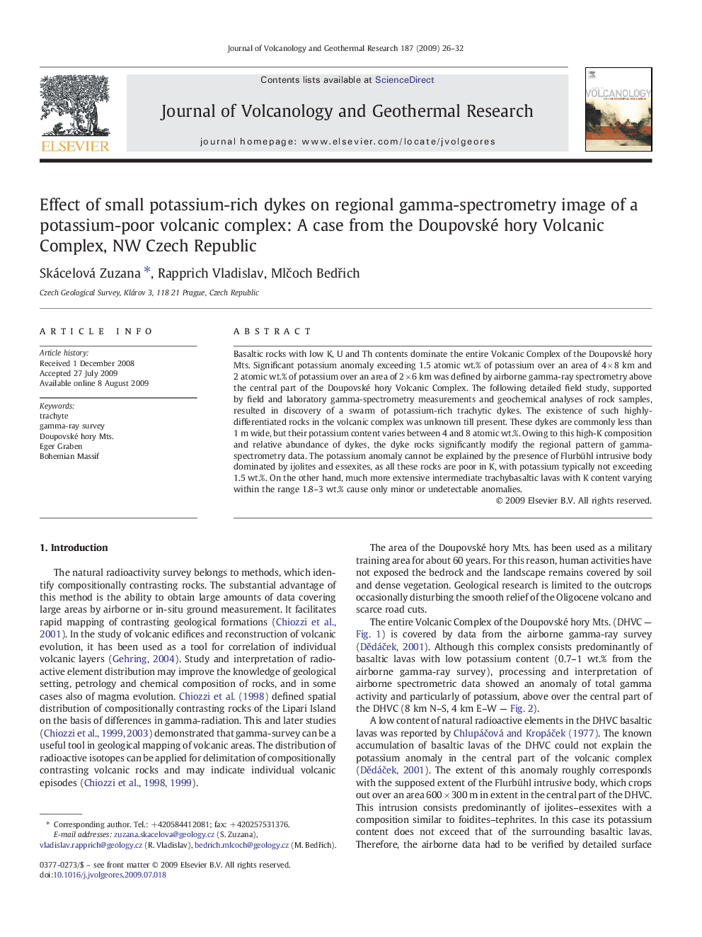 Effect of small potassium-rich dykes on regional gamma-spectrometry image of a potassium-poor volcanic complex: A case from the Doupovské hory Volcanic Complex, NW Czech Republic