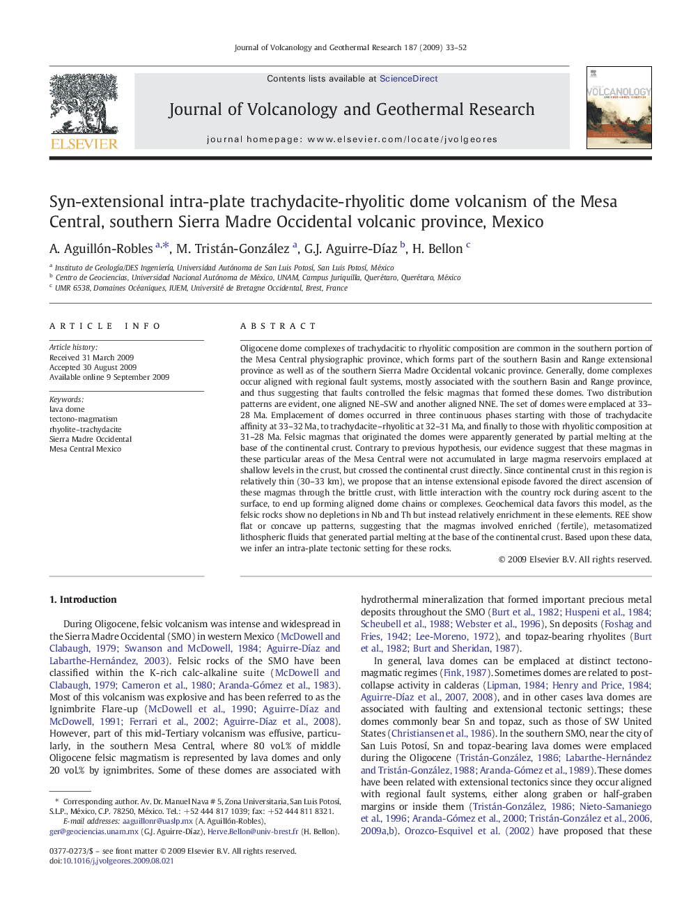 Syn-extensional intra-plate trachydacite-rhyolitic dome volcanism of the Mesa Central, southern Sierra Madre Occidental volcanic province, Mexico