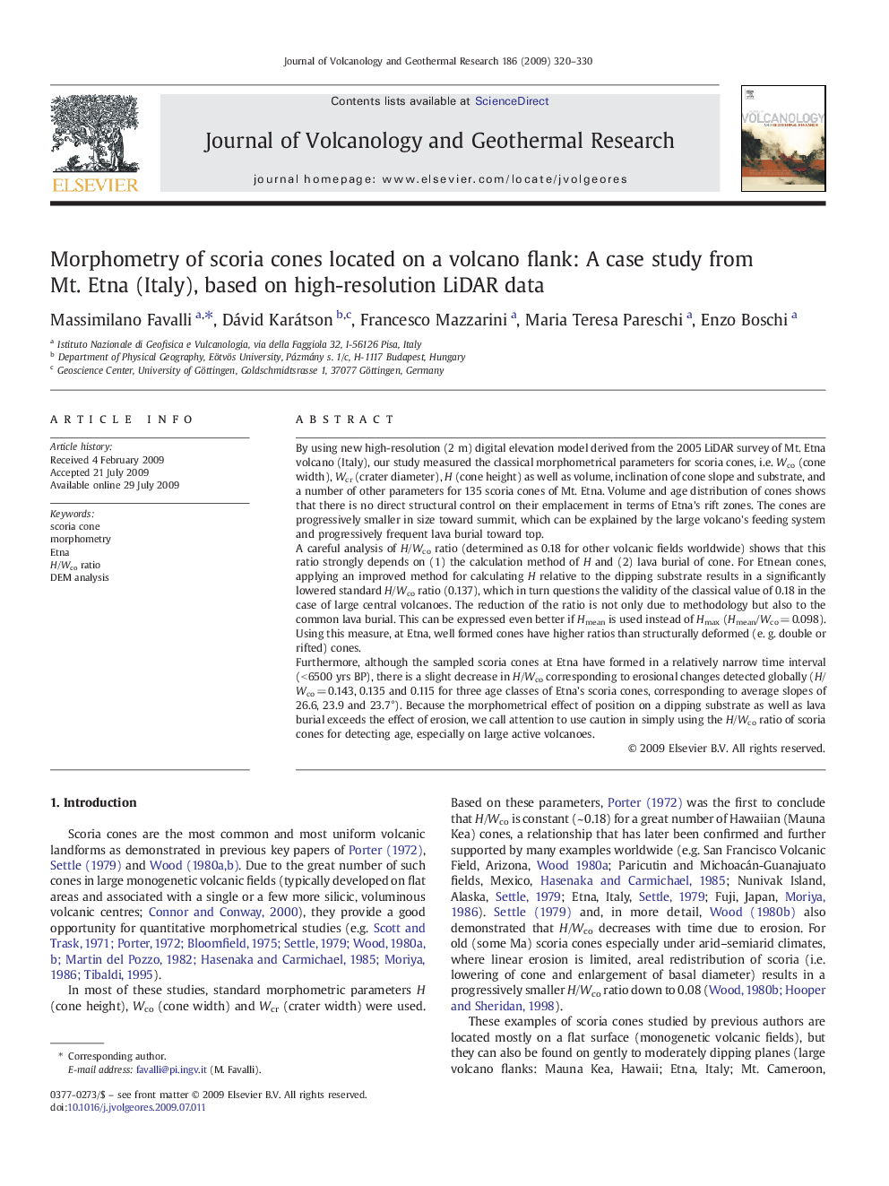 Morphometry of scoria cones located on a volcano flank: A case study from Mt. Etna (Italy), based on high-resolution LiDAR data