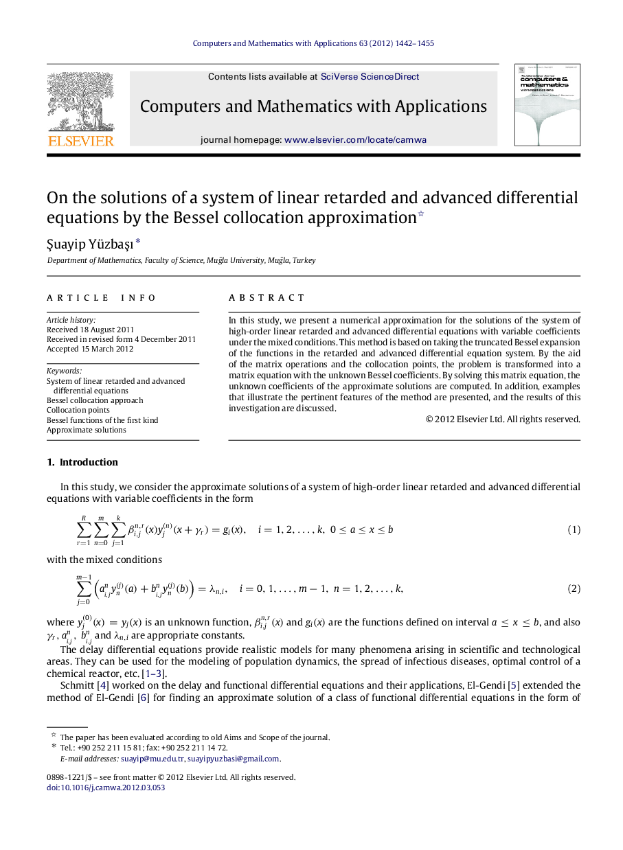 On the solutions of a system of linear retarded and advanced differential equations by the Bessel collocation approximation 