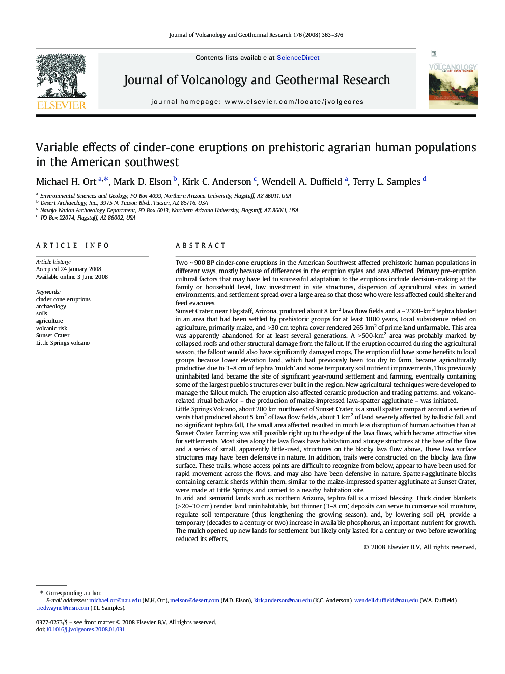 Variable effects of cinder-cone eruptions on prehistoric agrarian human populations in the American southwest