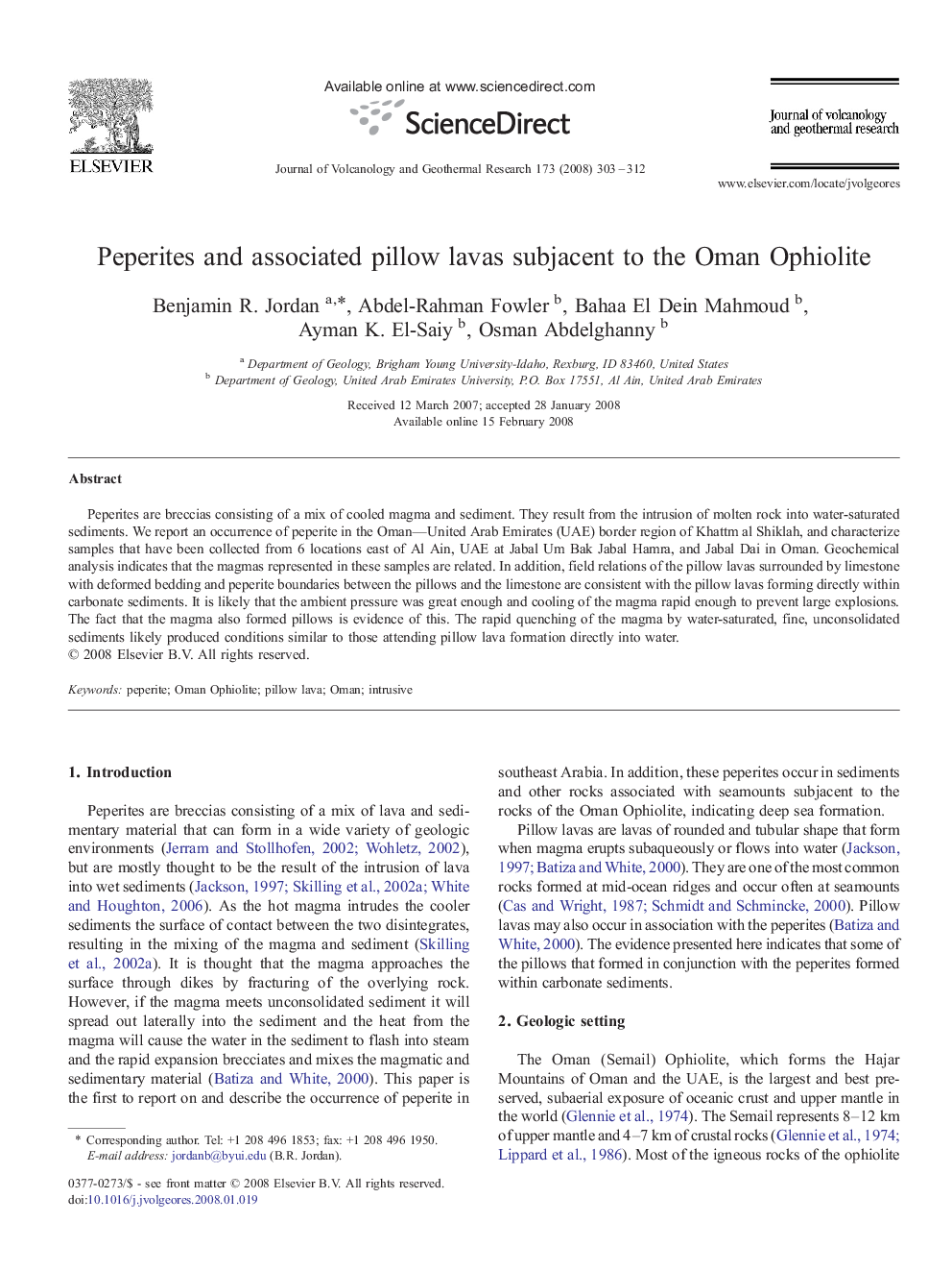 Peperites and associated pillow lavas subjacent to the Oman Ophiolite