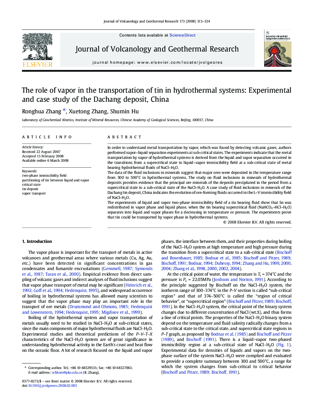 The role of vapor in the transportation of tin in hydrothermal systems: Experimental and case study of the Dachang deposit, China