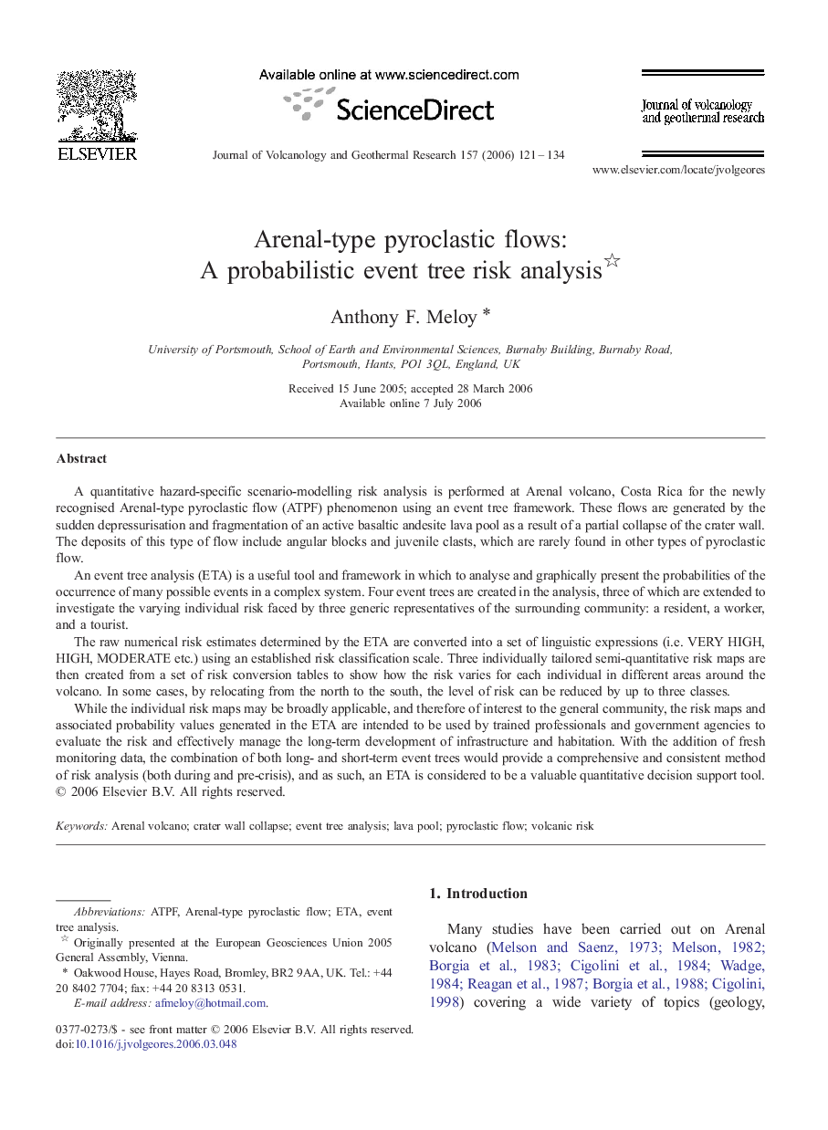 Arenal-type pyroclastic flows: A probabilistic event tree risk analysis 