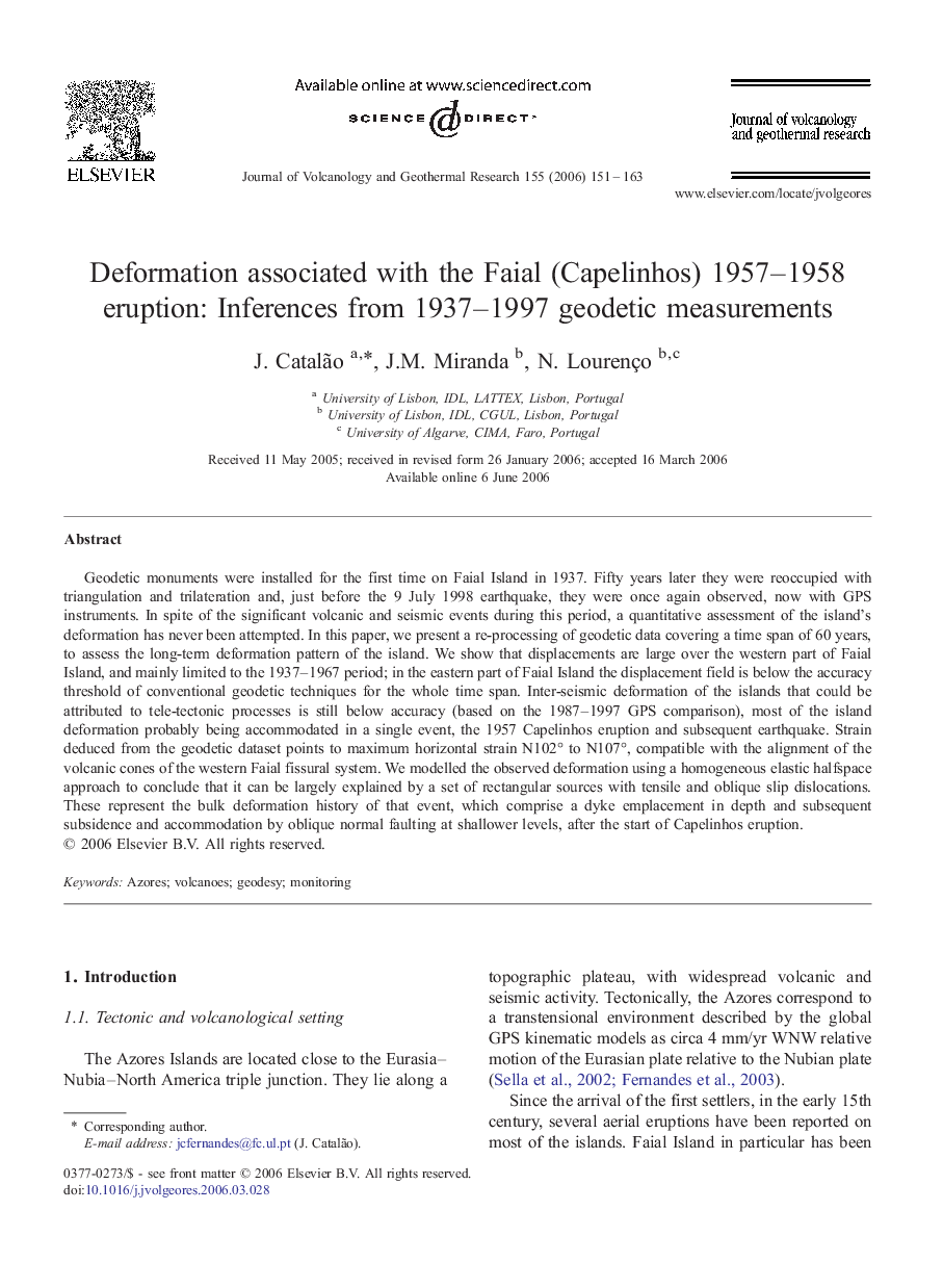 Deformation associated with the Faial (Capelinhos) 1957–1958 eruption: Inferences from 1937–1997 geodetic measurements