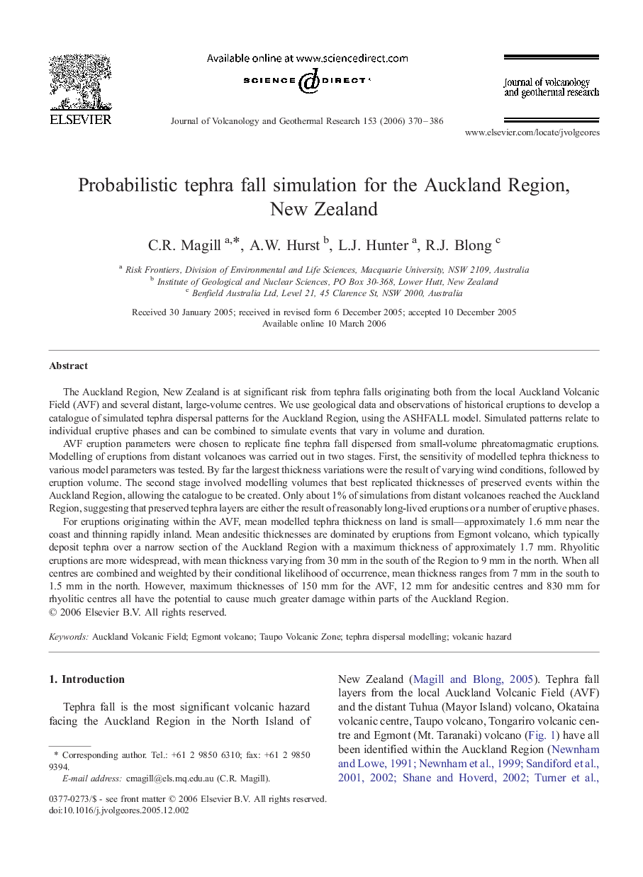 Probabilistic tephra fall simulation for the Auckland Region, New Zealand