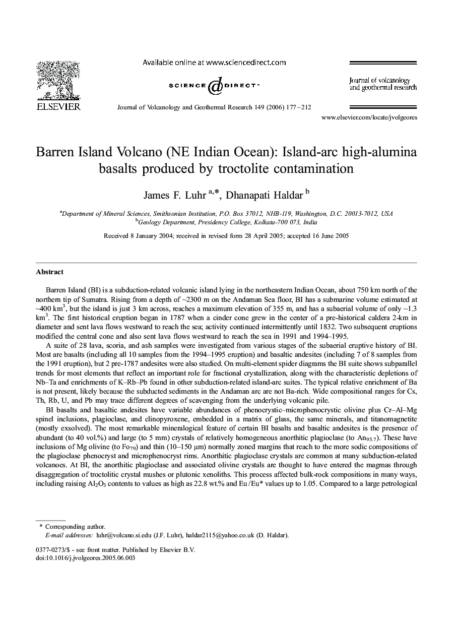 Barren Island Volcano (NE Indian Ocean): Island-arc high-alumina basalts produced by troctolite contamination