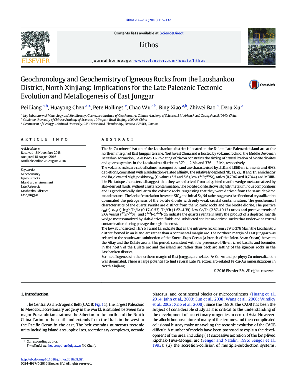 Geochronology and Geochemistry of Igneous Rocks from the Laoshankou District, North Xinjiang: Implications for the Late Paleozoic Tectonic Evolution and Metallogenesis of East Junggar