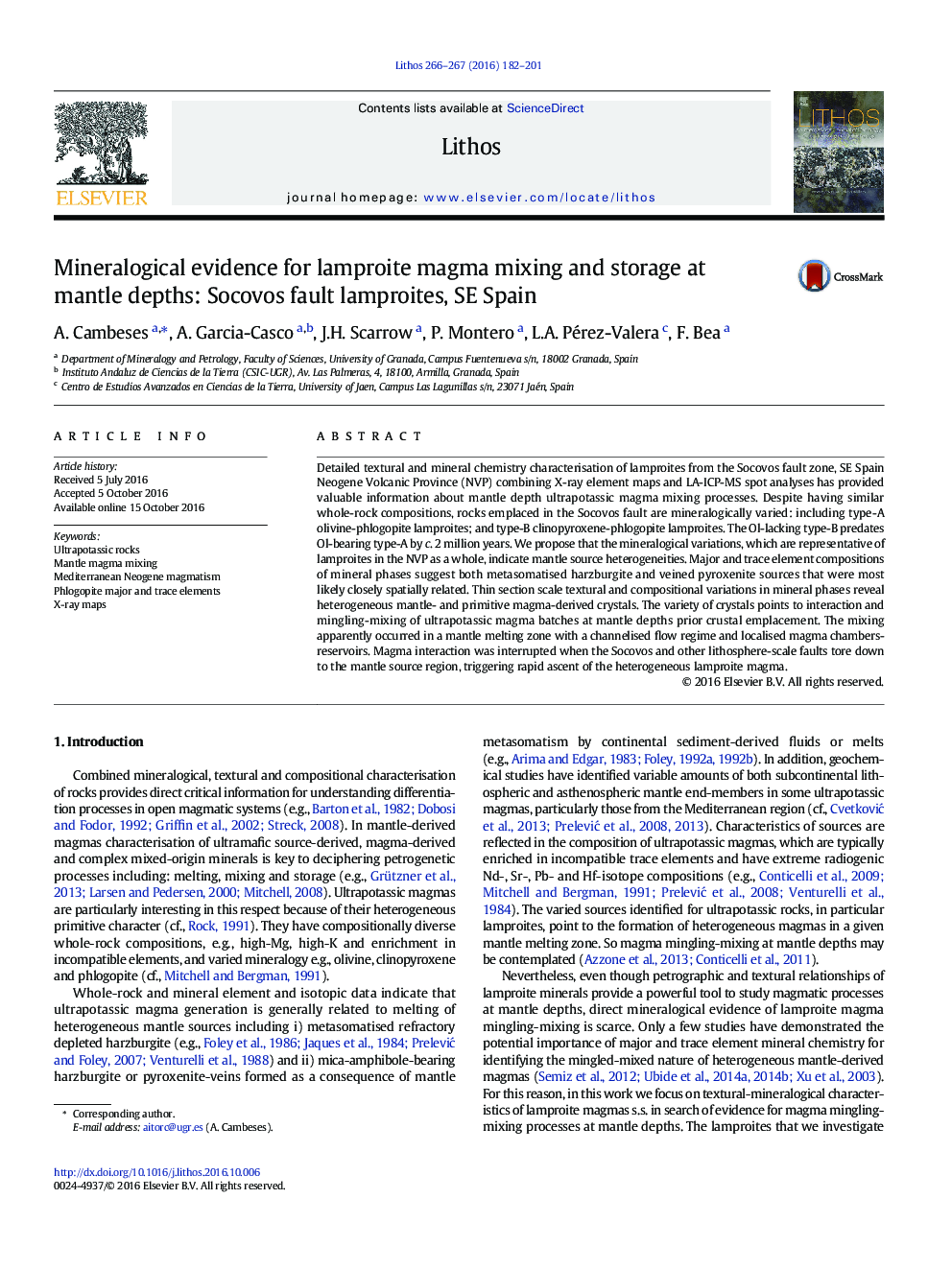 Mineralogical evidence for lamproite magma mixing and storage at mantle depths: Socovos fault lamproites, SE Spain