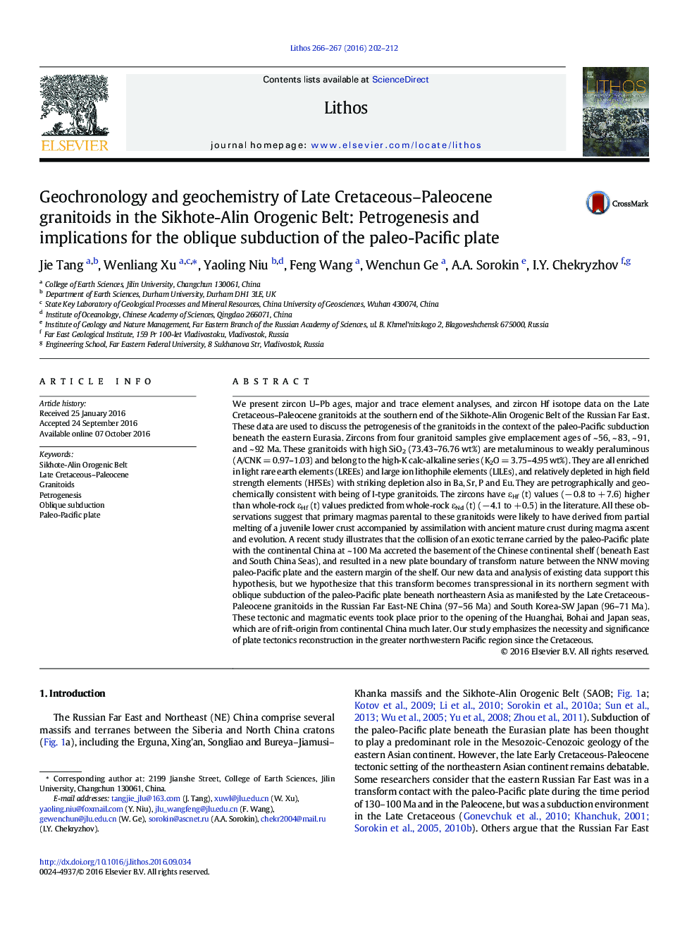 Geochronology and geochemistry of Late Cretaceous–Paleocene granitoids in the Sikhote-Alin Orogenic Belt: Petrogenesis and implications for the oblique subduction of the paleo-Pacific plate