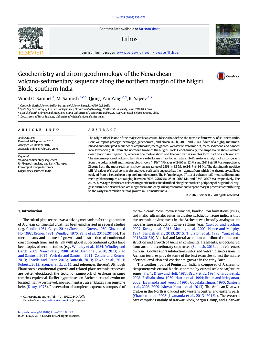 Geochemistry and zircon geochronology of the Neoarchean volcano-sedimentary sequence along the northern margin of the Nilgiri Block, southern India