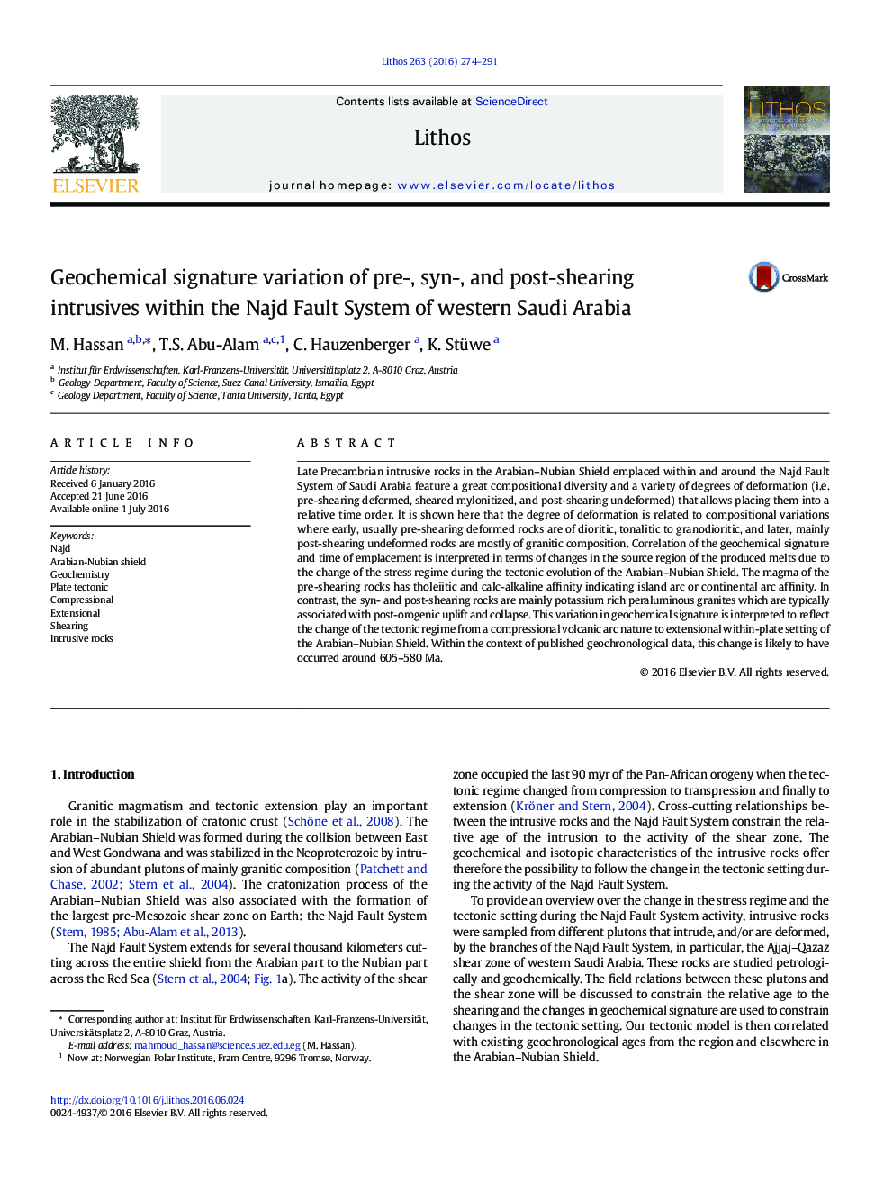 Geochemical signature variation of pre-, syn-, and post-shearing intrusives within the Najd Fault System of western Saudi Arabia