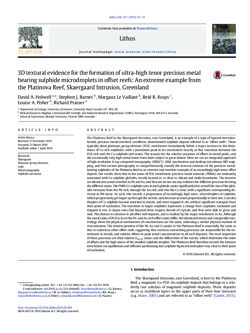 3D textural evidence for the formation of ultra-high tenor precious metal bearing sulphide microdroplets in offset reefs: An extreme example from the Platinova Reef, Skaergaard Intrusion, Greenland