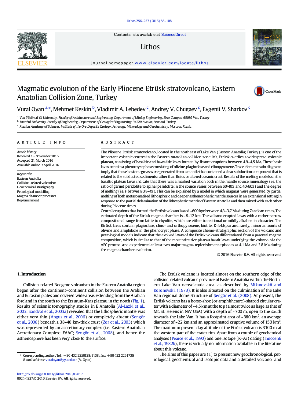 Magmatic evolution of the Early Pliocene Etrüsk stratovolcano, Eastern Anatolian Collision Zone, Turkey