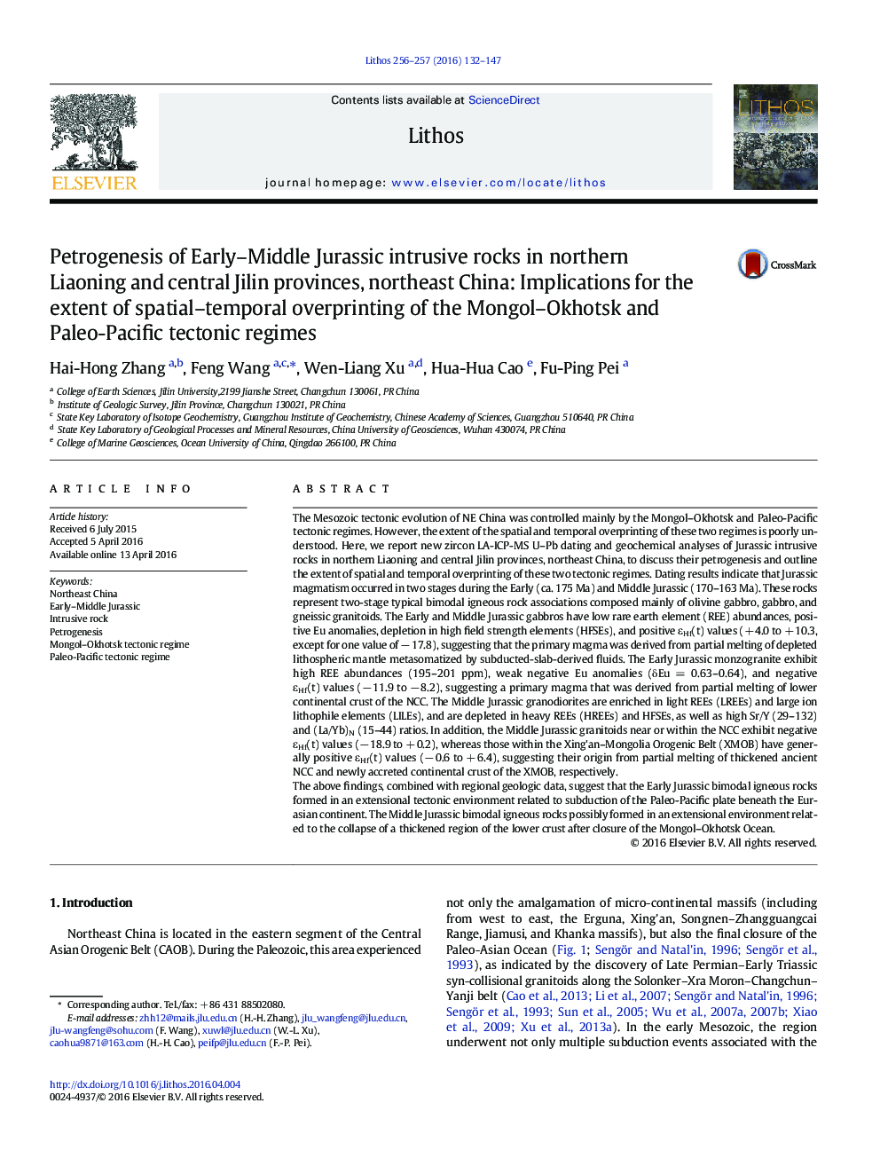 عکس صفحه اول مقاله: Petrogenesis of Early–Middle Jurassic intrusive rocks in northern Liaoning and central Jilin provinces, northeast China: Implications for the extent of spatial–temporal overprinting of the Mongol–Okhotsk and Paleo-Pacific tectonic regimes Petrogenesis of Early–Middle Jurassic intrusive rocks in northern Liaoning and central Jilin provinces, northeast China: Implications for the extent of spatial–temporal overprinting of the Mongol–Okhotsk and Paleo-Pacific tectonic regimes