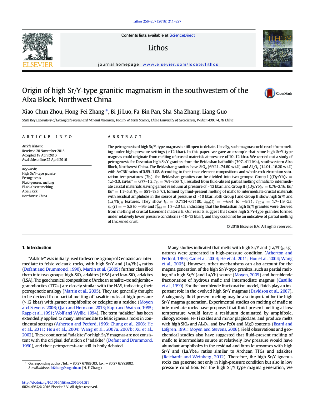 Origin of high Sr/Y-type granitic magmatism in the southwestern of the Alxa Block, Northwest China