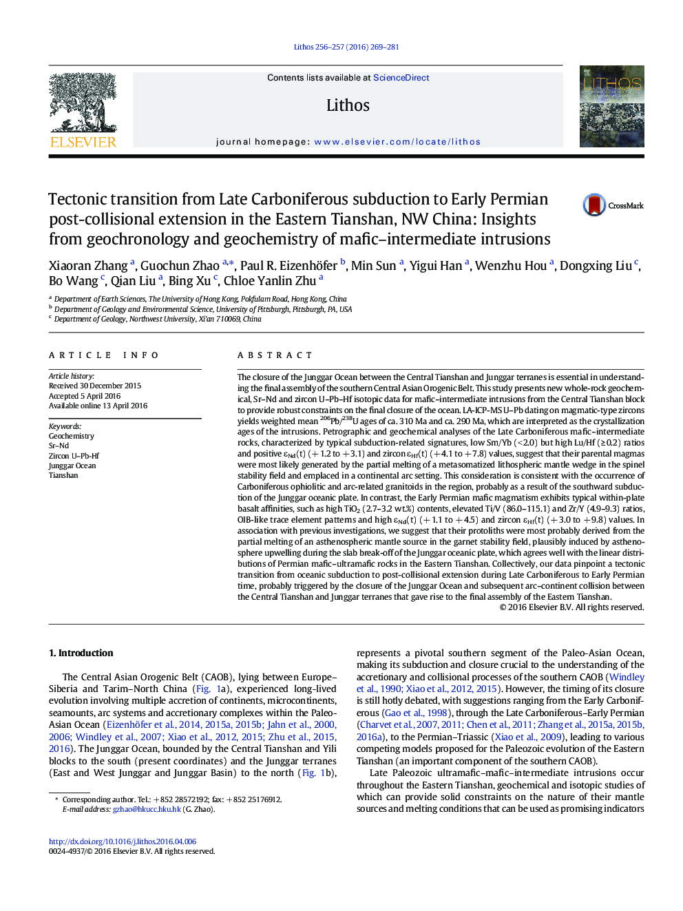 Tectonic transition from Late Carboniferous subduction to Early Permian post-collisional extension in the Eastern Tianshan, NW China: Insights from geochronology and geochemistry of mafic–intermediate intrusions