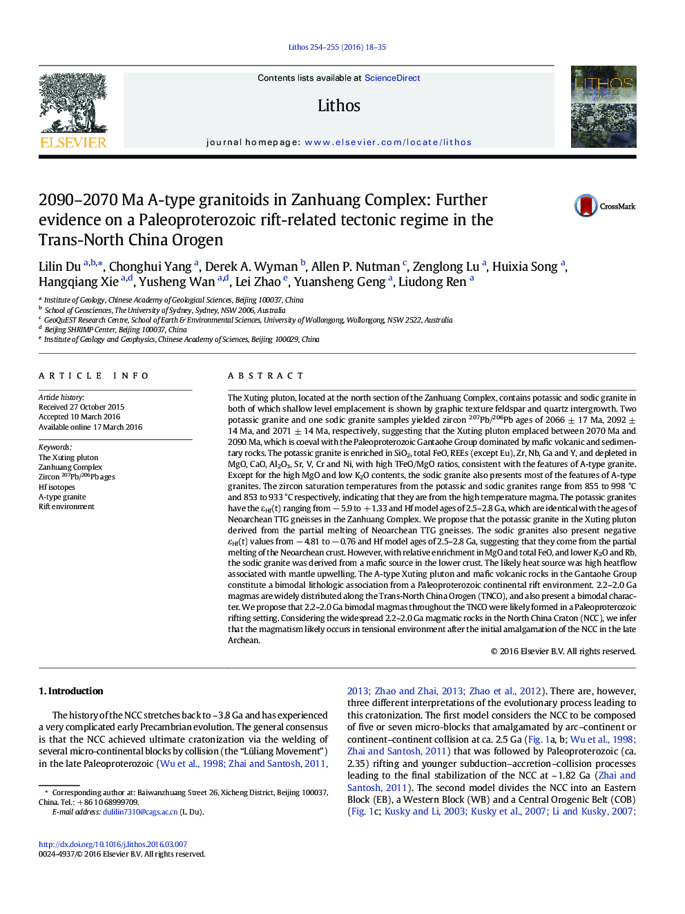 2090–2070 Ma A-type granitoids in Zanhuang Complex: Further evidence on a Paleoproterozoic rift-related tectonic regime in the Trans-North China Orogen