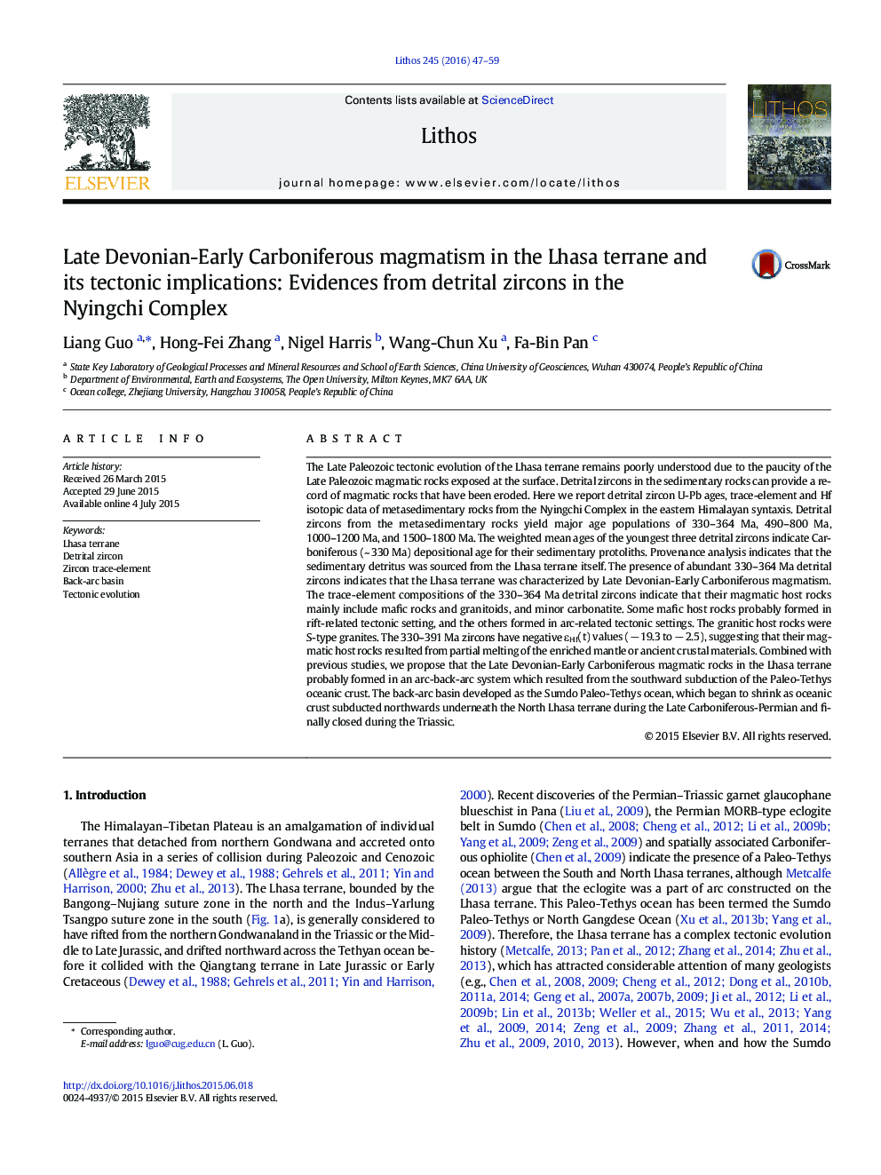 Late Devonian-Early Carboniferous magmatism in the Lhasa terrane and its tectonic implications: Evidences from detrital zircons in the Nyingchi Complex