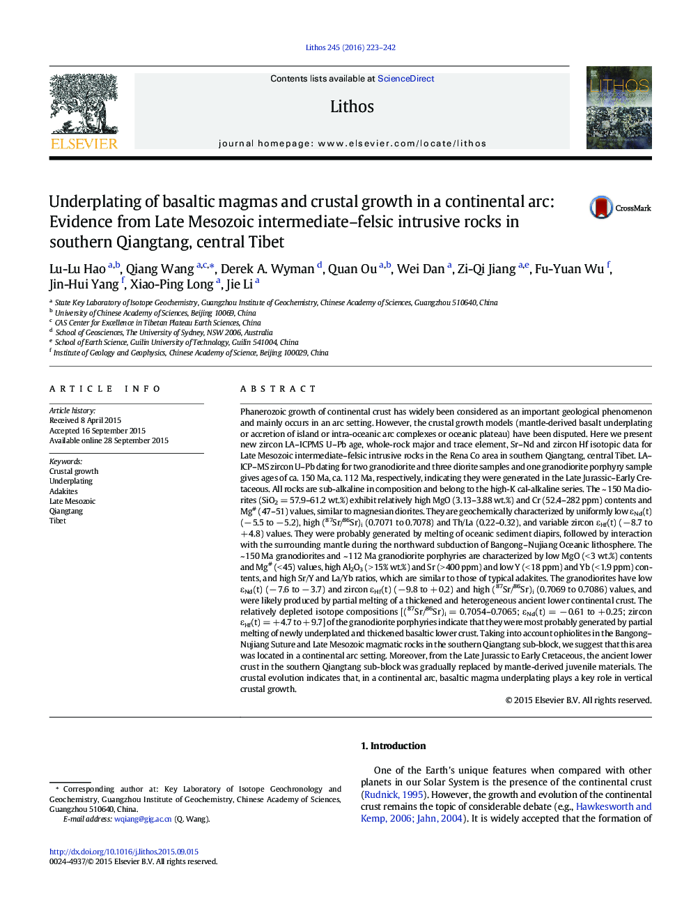 Underplating of basaltic magmas and crustal growth in a continental arc: Evidence from Late Mesozoic intermediate–felsic intrusive rocks in southern Qiangtang, central Tibet