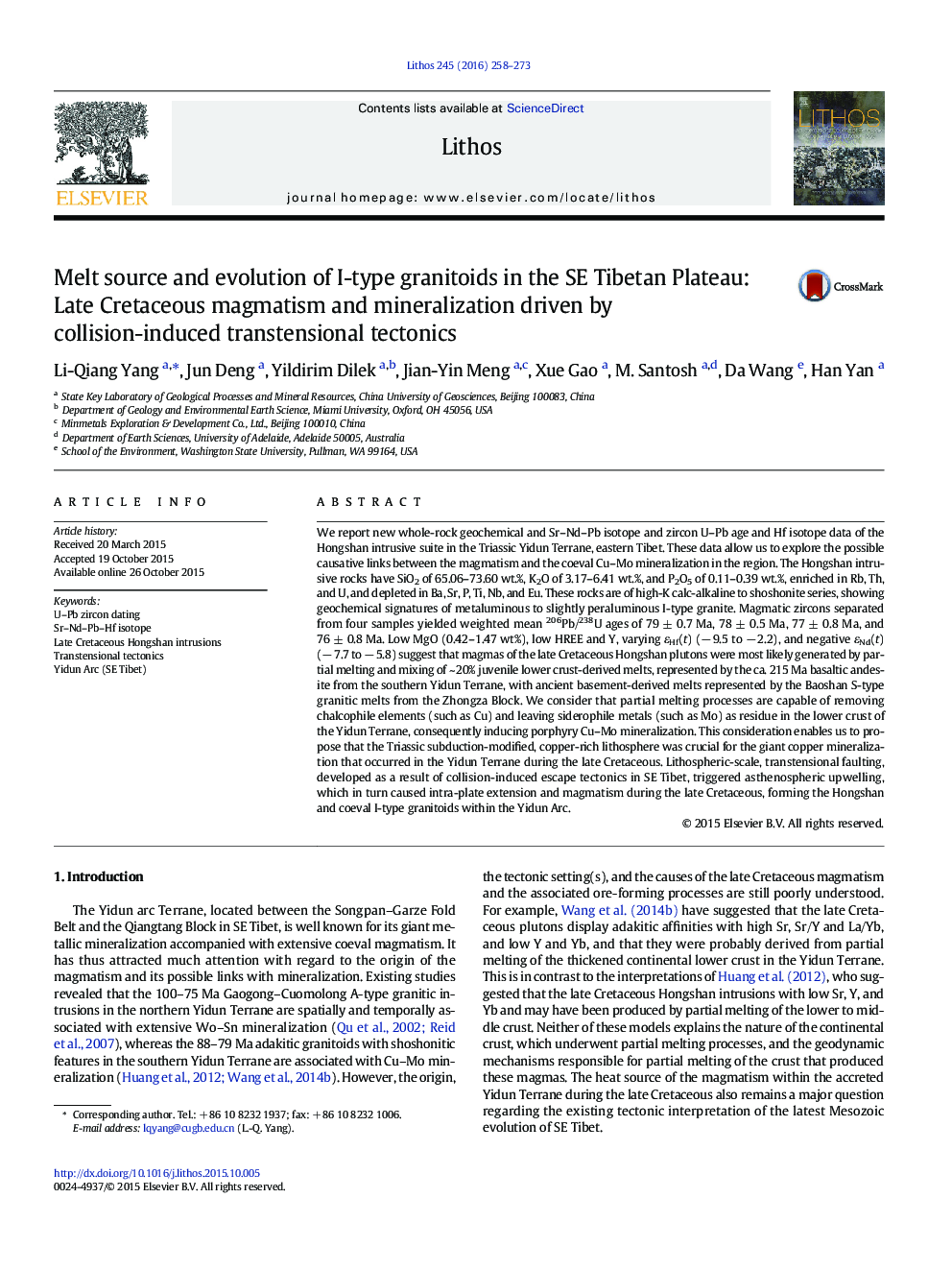 Melt source and evolution of I-type granitoids in the SE Tibetan Plateau: Late Cretaceous magmatism and mineralization driven by collision-induced transtensional tectonics