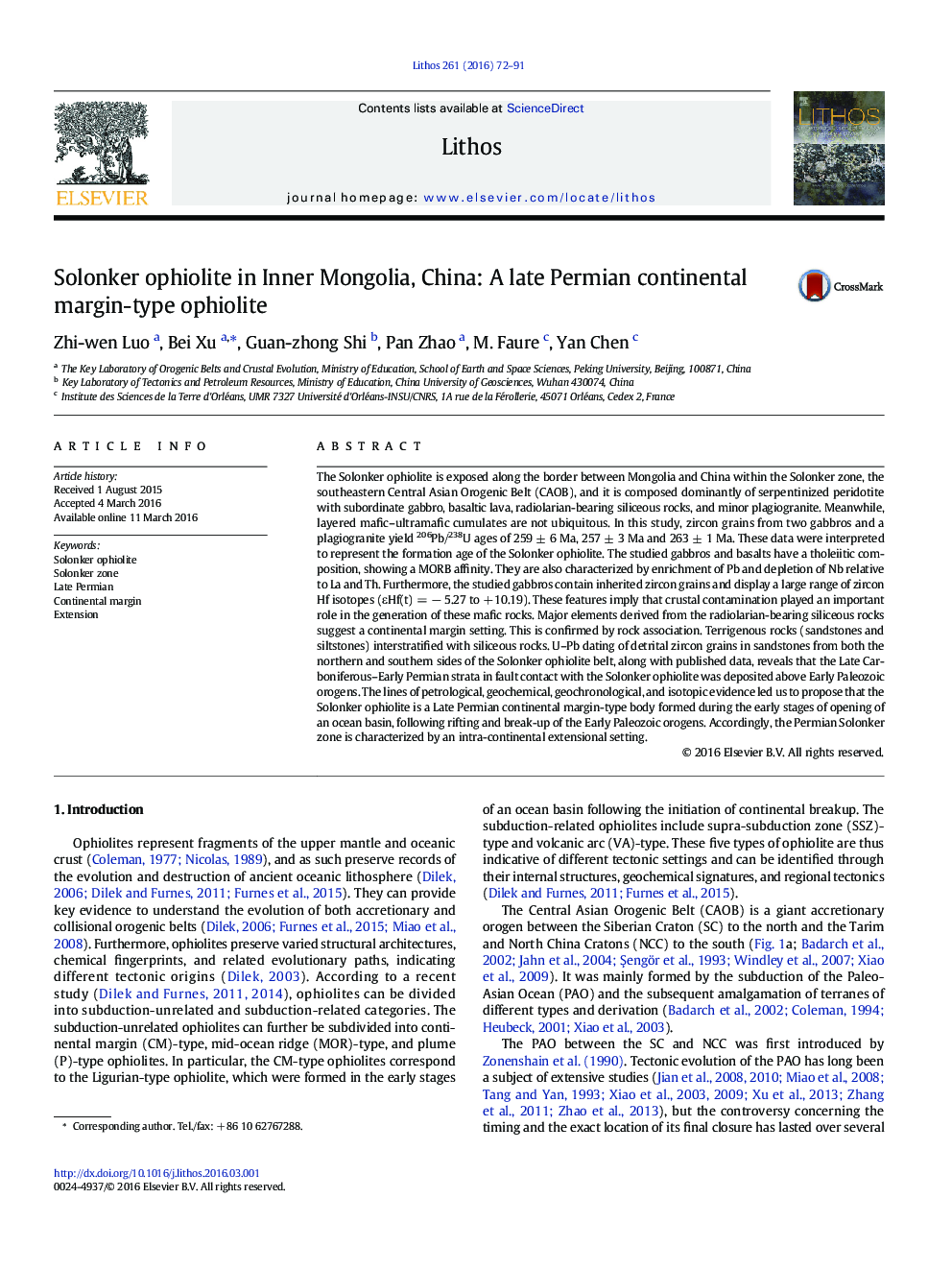 Solonker ophiolite in Inner Mongolia, China: A late Permian continental margin-type ophiolite