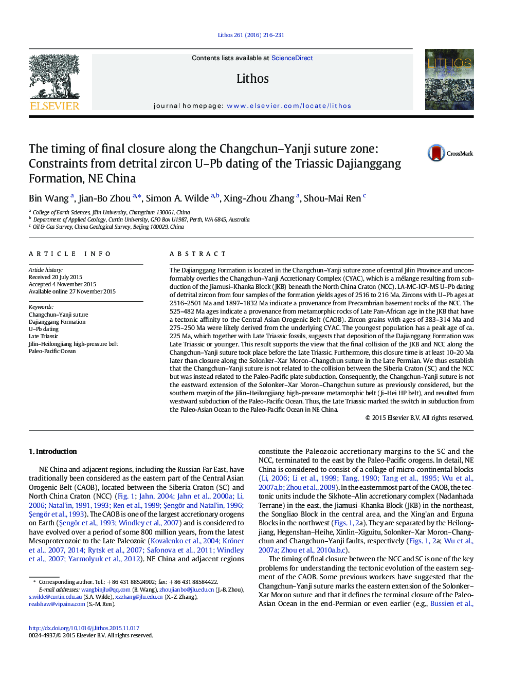 The timing of final closure along the Changchun–Yanji suture zone: Constraints from detrital zircon U–Pb dating of the Triassic Dajianggang Formation, NE China