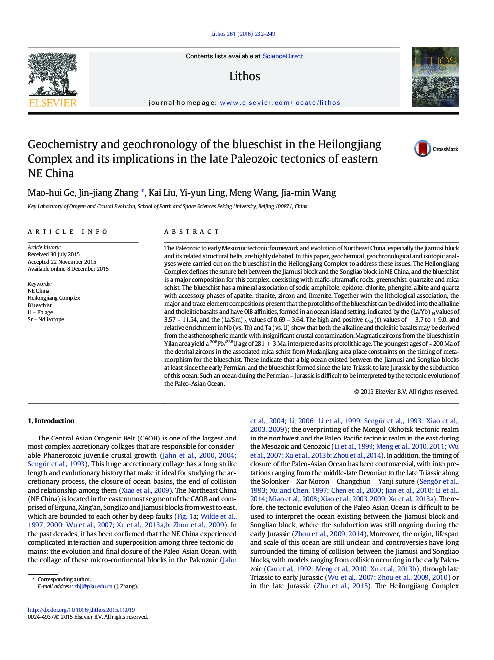 Geochemistry and geochronology of the blueschist in the Heilongjiang Complex and its implications in the late Paleozoic tectonics of eastern NE China