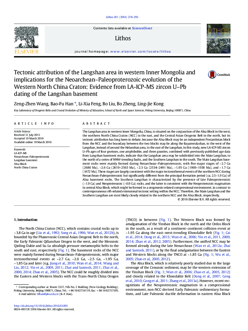 Tectonic attribution of the Langshan area in western Inner Mongolia and implications for the Neoarchean–Paleoproterozoic evolution of the Western North China Craton: Evidence from LA-ICP-MS zircon U–Pb dating of the Langshan basement