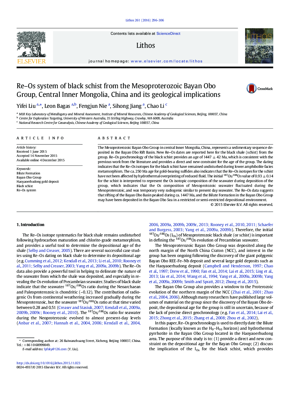 عکس صفحه اول مقاله: Re–Os system of black schist from the Mesoproterozoic Bayan Obo Group, Central Inner Mongolia, China and its geological implications Re–Os system of black schist from the Mesoproterozoic Bayan Obo Group, Central Inner Mongolia, China and its geological implications